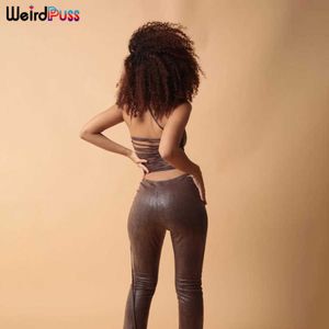 Weird Puss Kunstleder 2 Stück Outfits für Frauen Elegante rückenfreie Bandage Y2K Crop Tops + Flare Hosen Passende 2021 Streetwear Y0625