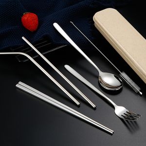 6 st set portable chopstick gafflar bestick rostfritt stål bestick sätter metallsked med låda dinnerware dricks halmborste bh4767 tqq