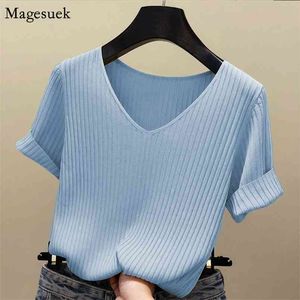 Summer Loose Knitted T-Shirt Women Short Sleeve V Neck Solid Basic T Shirts Female Korean Fashion Thin White Tees Tops 13539 210512