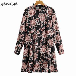 Spring Women Vintage Floral Print Dress Long Sleeve Stand Collar Flowy Casual Loose Plus Size Short Vestido 210514