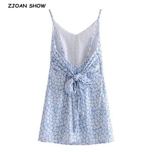 Summer Floral Print Backless Bow Knotted Blue Mini Dress Retro Sexy Women Lacing Up Back Sling Dresses Holiday 210429