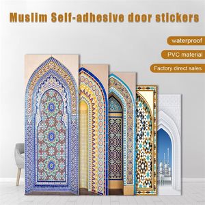2 PCS / Set Styles Muçulmanos Porta de Simulação DIY Arte Mural Adesivo Home Decoração Sala de estar Quarto Casca Vara PVC Papel de Parede 220309
