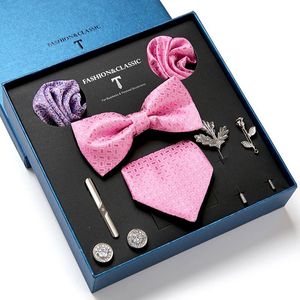 Bow Ties Design Pink Tie Set With Gift Box Jacquard Woven Gravata Silk Hanky Cufflinks Necktie Brooch Clip