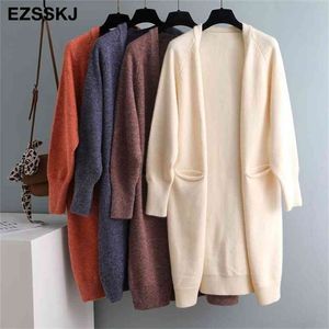 Lazy V-Neck Oversize Long Sweter Cardigans Kurtka Płaszcz Kobiety Gruby Sweter Korea Kardigan Outwear Top 210914