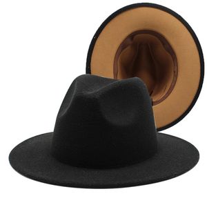 Fıstık ezmesi ile siyah, dip patchwork caz fedora şapkaları kadın erkekler sahte yün parti resmi kapak geniş ağzı iki tonluk keçe şapka