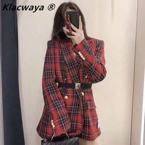 Frühling Frauen Plaid Bouble-Breasted Blazer Eleganter Anzug Rot Tweed Formelle Jacken Karierte Oberbekleidung Tops 210521