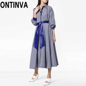 Clearance azul xadrez de manga comprida camisa camisa vestido senhoras elegante guingão retro plissado sashes midi vestidos femme vestes tunics 210527