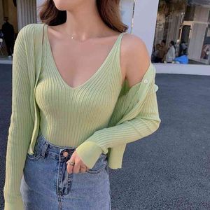 Spring Solid Color Knitted Suit Casual Fashion Single-Breasted Long-Sleeve Cardigan+Short Sling Vest Two-Piece Set Femme 210518