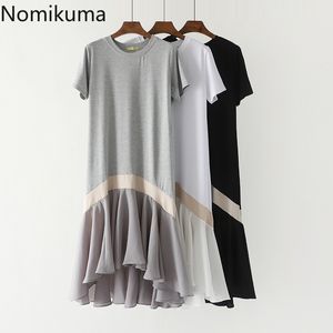 Номикума Корейский модный MIDI платье женщины летние контрастные цвет пэчворк случайные свободные платья с коротким рукавом халат Femme 210514