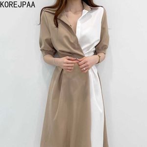 Korejpaa Kobiety Dress Summer Korean Fashion Elegancki Lapel Commut Design Kontrast Szycia Jeden przycisk Krótki rękaw Suknie 210526