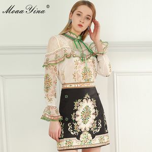 Moda Tasarımcısı Set Yaz Kadın Dantel Ruffles Uzun Kollu Vintage Baskı Bluzlar Tops + Boncuklu Etek İki Parçalı Setleri 210524