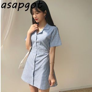 Dorywczo Vintage Krótki Rękaw Błękitny Lapel Paski Koszule Sukienka Kobiety Mini Preppy Style Student Lato Lace Up Vestido Mujer 210429