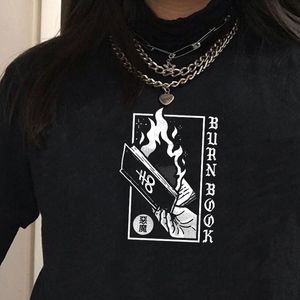 バーンブックサタン地獄デビルグラフィックティーゴシックスタイル原宿ヒップスターTumblr ulzzangユニセックスティーTシャツ特大女性トップ210518