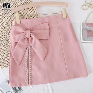 Ly Varey Lin Summer Casual Female Solid Color White Black A-line Short Skirts Women Sweet Bow High Waist Mini 210526