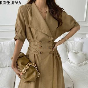 Korejpaa Women Dress Summer Korea Elegante Light-cooked Large Risvolto doppiopetto pieghettato cintura abiti lunghi 210526