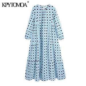 Kvinnor Chic Fashion Geometric Print Ruffled Midi Dress Vintage O Neck Långärmad Kvinnlig Klänningar Vestidos Mujer 210416