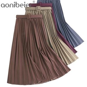 Aonibeier 패션 여성의 높은 허리 주름 솔리드 컬러 길이 탄성 프로모션 레이디 블랙 핑크 파티 캐주얼 스커트 210730