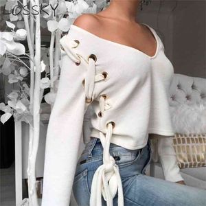 Criss Cross Bandaż Bow Tie V Neck Crop Top Damska Jesień Zima Dzianiny Z Długim Rękawem Biała Seksowna T-Shirt T Shirt Tee 210507