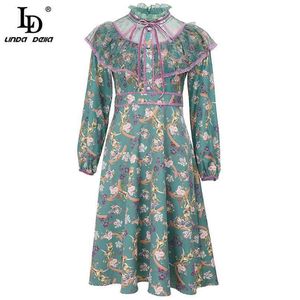 Mini abito vintage da donna estivo femminile manica lunga in pizzo patchwork stampa floreale A-Line corto 210522