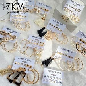 17KM Vintage Gold Geometric Round crew Back Earring For Women Fashion Twist Pearl Set of Hollow Square Earrings Jewelry Gifts