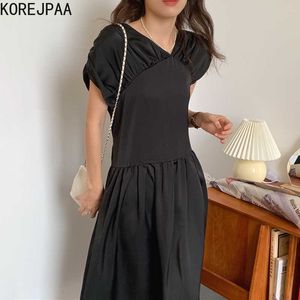 Korejpaa Women Dress Summer Korean Chic Elegant Temperament Oblique Collar Asymmetrical Pleated Stitching Slimming Vestidos 210526