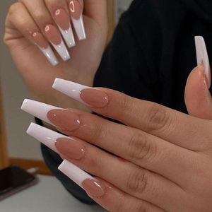 False Nails Artistic French Detachable Long Ballerina Coffin Stiletto Fake Full Cover Nail Tips With Press Glue