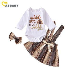 0-18 M Şükran Günü Bebek Kız Giysileri Set Mektup Romper Ruffles Yay Etekler Tulum Kıyafetler 210515