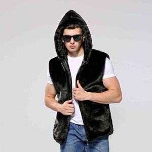 Fur men's imitation fur wear with zipper Hooded Vest sheep sheared coat mink 211207