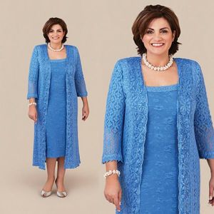 Pizzo blu Plus Size Abito per la madre della sposa con giacca a maniche lunghe Colonna Lunghezza tè Abiti da sera per feste da cerimonia per ospiti di nozze