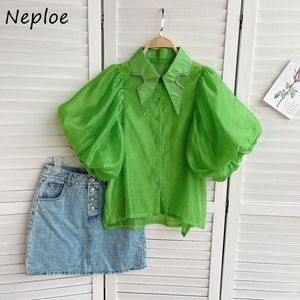 Naploe Down Yaka Puf Kısa Kollu Şeker Renk Bluz Kadın Boncuk Tasarım OL Gevşek Blusas Yaz Gömlek Femme 210510