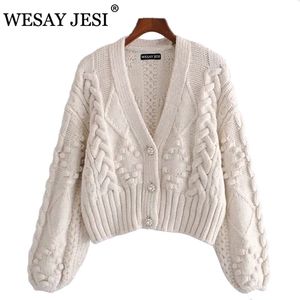 WESAY JESI Cardigan lavorato a maglia da donna primavera maglione spesso allentato manica lanterna bottone perla corto stile dolce e pigro 210914