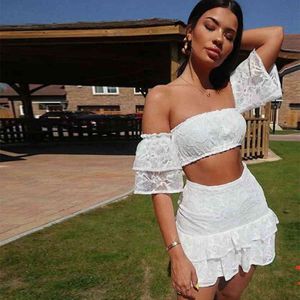 Summer Women White Lace Bandage 2 Two Pieces Sets Off Shoulder Short Sleeve Tops& Mini Skirt Club Celebrity Party 210423