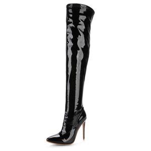 Дизайнер сплошные бедра высокие сапоги заостренный ночной клуб ночной клуб черные туфли 12 см женские шпильки каблуки патентные кожа над коленными пинетками