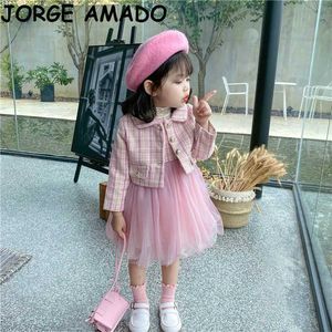 Meninas roupa rosa de manga longa + gaze sundress moda 2 pcs menina de bebê conjuntos roupas 1-7Y E11045 210610