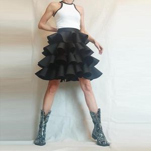 Etek Saten Puffy Midi Etek Katı Siyah Üstü Diz Jupe Femme Mini Mujer Faldas Tatlı Katmanlı Büyük Salıncak Kadınlar