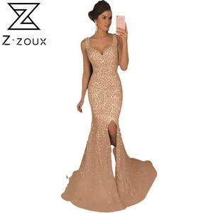 Kvinnor Klänning Deep V Neck Ärmlös Sequin Party Dresses Slim High Waist Split Spaghetti Strap Maxi Plus Storlek 210513