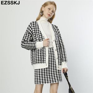 白黒厚い千鳥格子セーターカーディガンジャケットレディース女性のコートVネックカーディガンのoutwear 211018