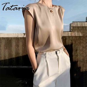Khaki Женская элегантная блузка офис плюс размер туника сатин шелк основные вершины белый летний шифон s для женщин 210514