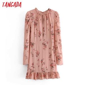 Tangada Moda Kobiety Różowe Ruffles Kwiaty Drukuj Dress Długim Rękawem Biuro Damska Mini Dress 6M04 210609