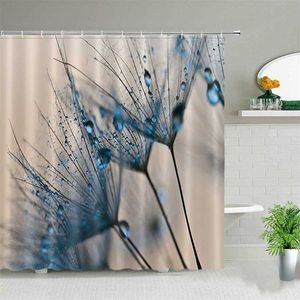 Dandelion Flower with Waterdrop Printing Shower Curtains Waterproof Cloth Curtain Set Fabric Bathroom Home Decor Bathtub Screens 211116