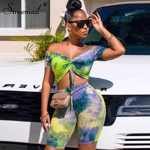 Simenual Tie Dye Off Schulter Frauen Passenden Sets Bodycon Hot Kurzarm Zwei Stück Outfits Kordelzug Top Und Biker Shorts set Y0702