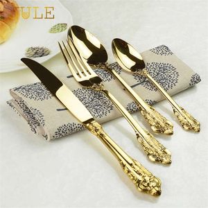 Vintage Western Gold Plated Bestick Porslin Set 24pcs Dining Knives Forks Teaspoons Golden Luxury Dinnerware Sets Gravering 210928