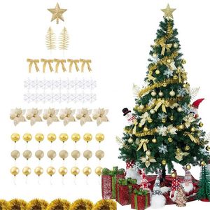 LBSISI Life 58pcs Christmas Tree Decoration Ornaments Set with Glitter Poinsettia Bows Ribbons Leaves Ball Snowflake 211104
