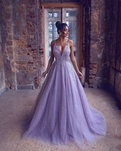 Abiti da ballo sexy con scollo a V e cinturino per spaghetti 2021 Lavanda senza maniche che borda pizzo Backless Abiti da sera per feste Robe de soiree