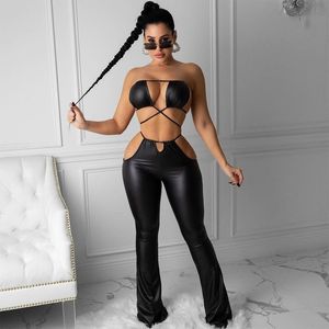 Black Lace Up Faux Leather Two Piece Set Women Halter Bra+Mid Waist Trouser Party Clubwear Hollow Ou Sexy Suit 210517