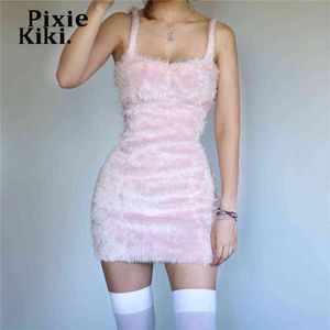 Furry Pink Sleeveless Bodycon Mini Dresses for Women 2022 Cute Sexy Outfits for Woman Vestidos Y2k Clothes P33-CZ15 Y220304