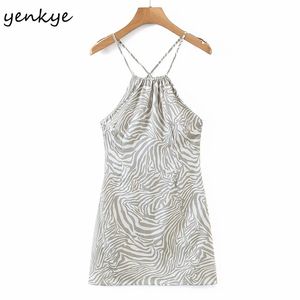 Vintage Animal Print Sexig Klänning Mode Kvinnor Backless Halter Bodycon Mini Kvinna Sommar Natt Ut Vestido 210514