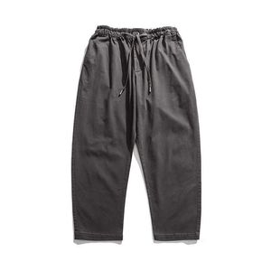 Höst mens japan stil avslappnad chinos byxor rak solid färg lösa byxor märke khaki grå byxor manlig elastisk midja 210603