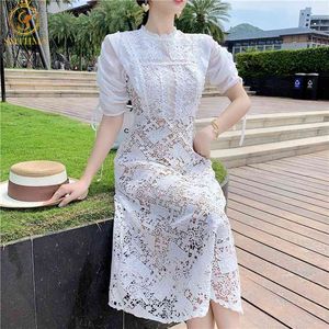 Projektant mody Summer Party Dress Women Puff Sleeve Lace Hollow Out Patchwork Eleganckie białe sukienki Vestidos 210520