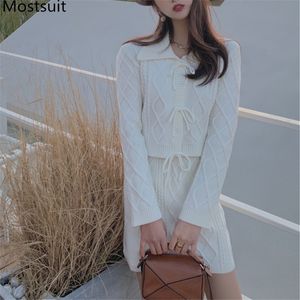 Wiosenne dzianiny Kobiety Dwuczęściowe Zestaw Pełna Rękaw Topy + Spódnica A-Line Stroje Streetwear Moda Koreański Ladies Femme 210514